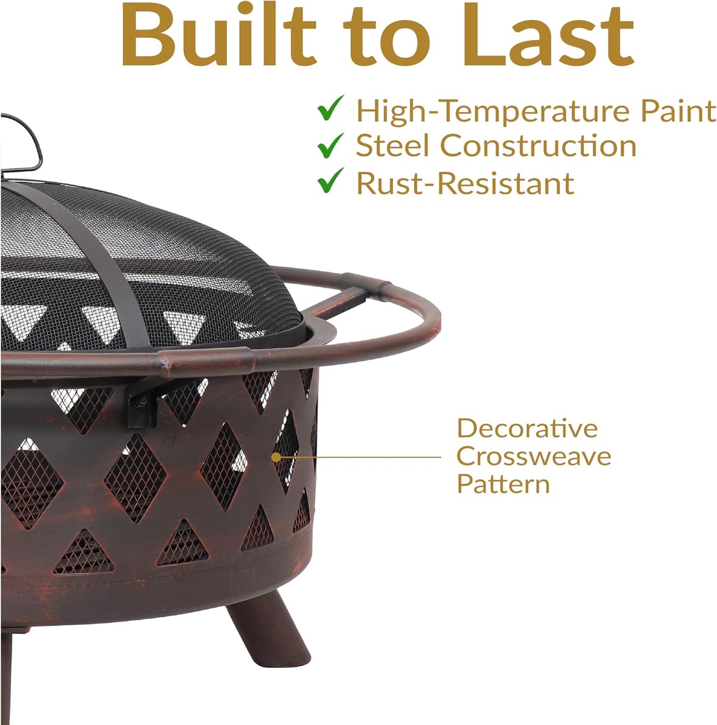 Sunnydaze Crossweave Outdoor Fire Pit - Wood-Burning Fire Pit for Outside with Spark Screen, Poker and Round Cover - 30-Inch - Bronze