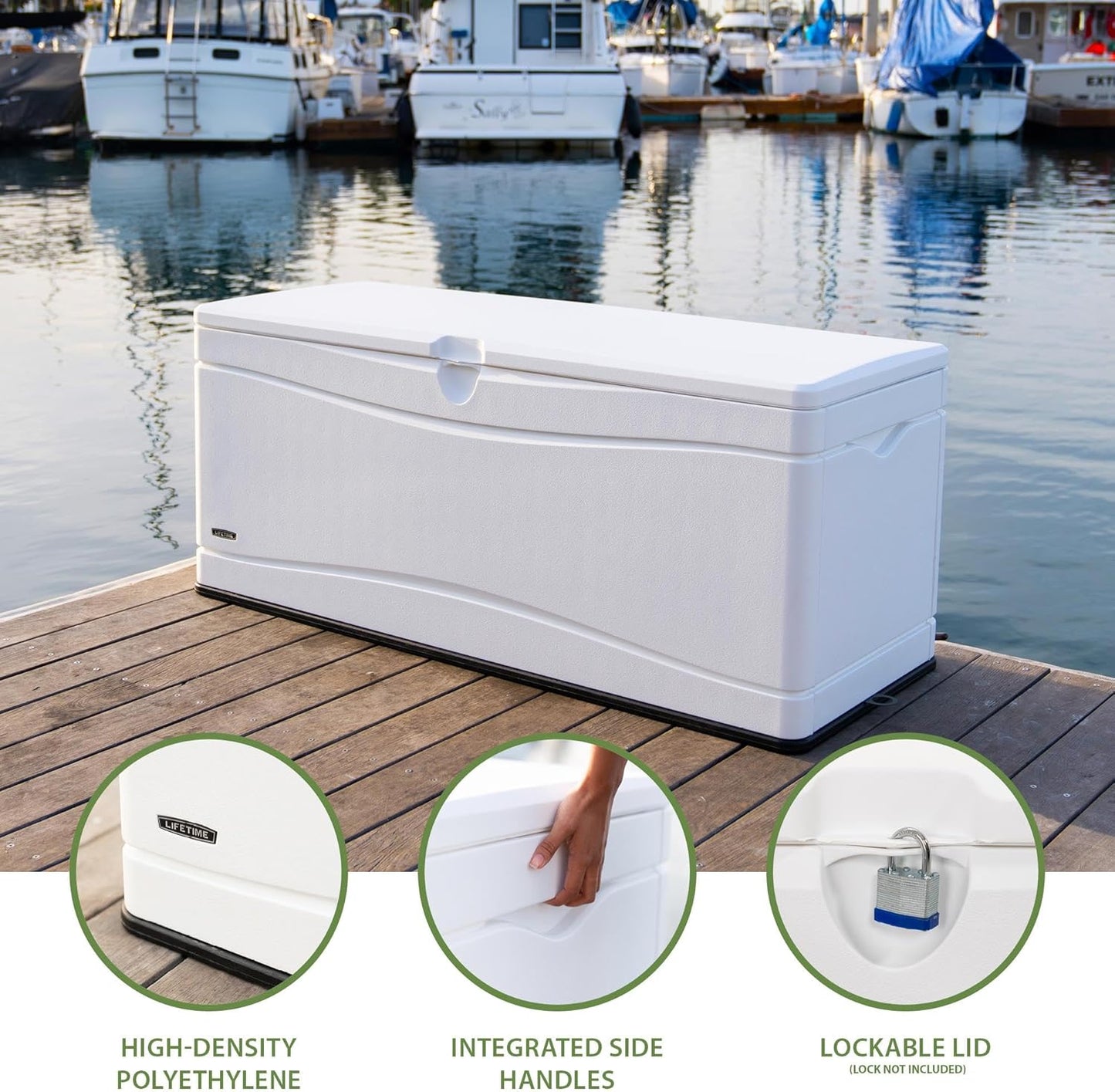 LIFETIME Outdoor Storage Deck Box, 130 Gallon, Arctic White, Lockable, UV-Protected, for Decks and Marine Docks