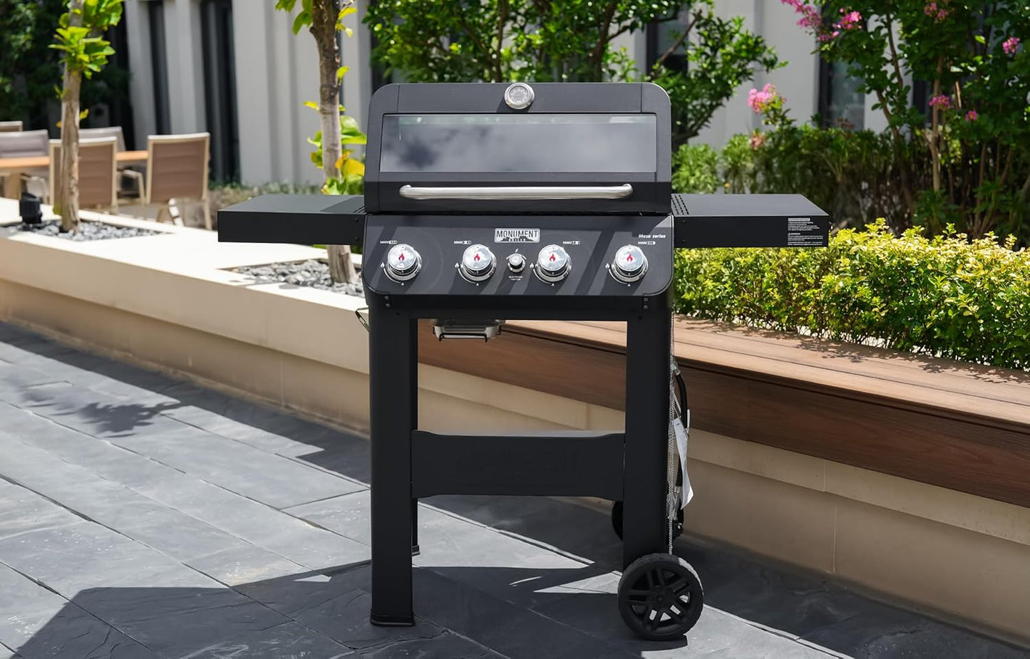 Monument Grills 4-Burner Liquid Propane Gas Grill, Matte Black Stainless Steel Burner Grill with Clearview® Lid and One Foldable Shelf for Outdoor Cooking Kitchen Patio Backyard Barbecue, Mesa420MF