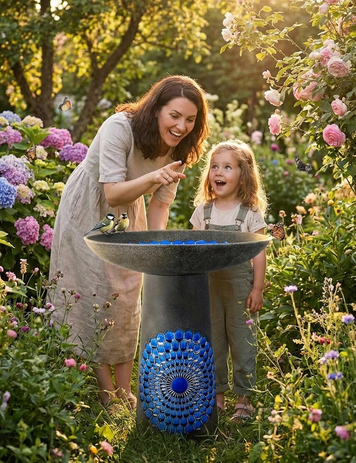Ceramic Bird Bath for Outdoors – 21.5 Inch Heavy Duty, Diamond Blue Design for Garden & Patio Décor, Perfect for Bird Watching & Outdoor Spaces