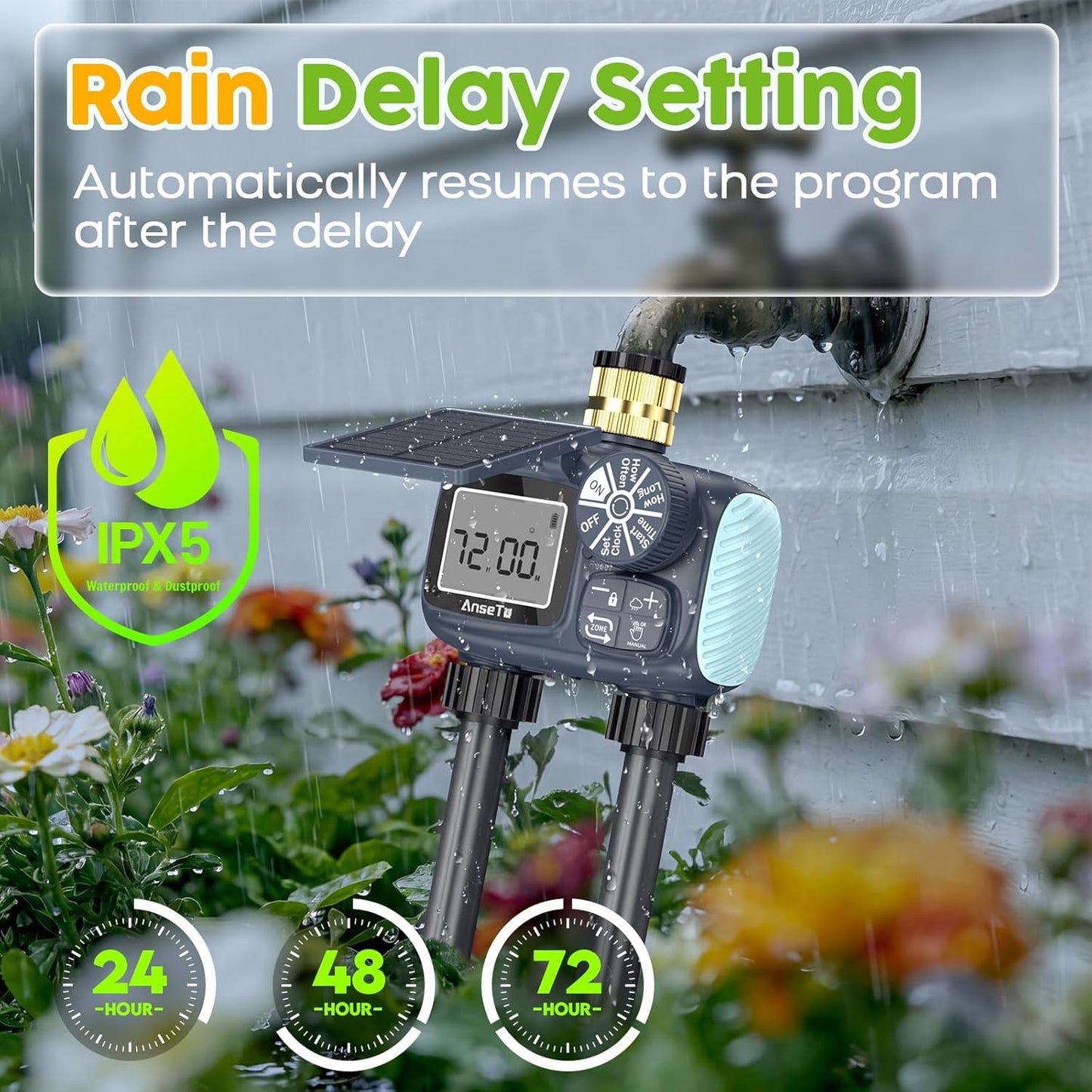 Solar Sprinkler Timer,Brass Inlet Hose Timer for Garden Hose,Programmable Water Timers,Plant Watering Devices,Garden Watering System, Rain Delay/Manual/Automatic Irrigation System, 2 Outlet