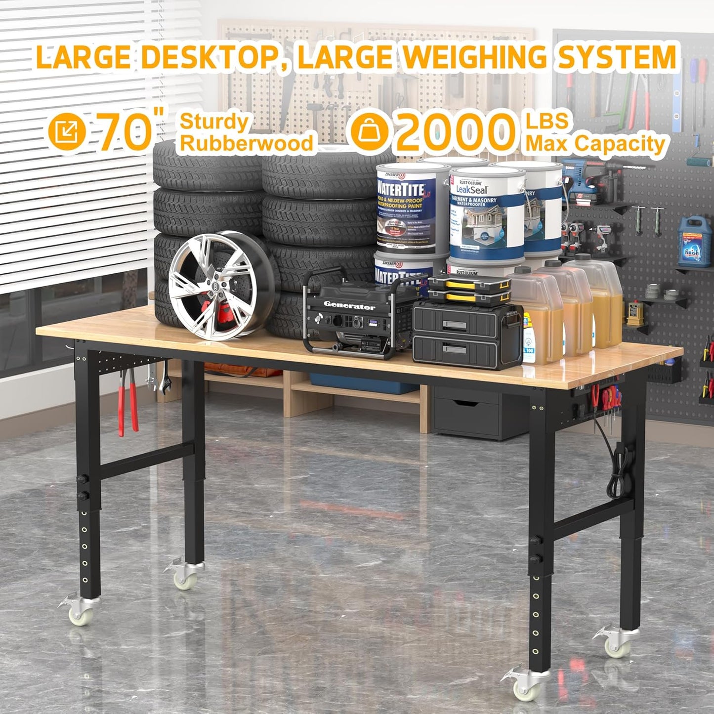 70’’ Work Bench Adjustable Workbench Heavy Duty Work Table with Power outlets, Pegboard, Wheels and Foot Pads, 2000 Lbs Capacity Hardwood Work Benches for Garage, Workshop, Office, Home