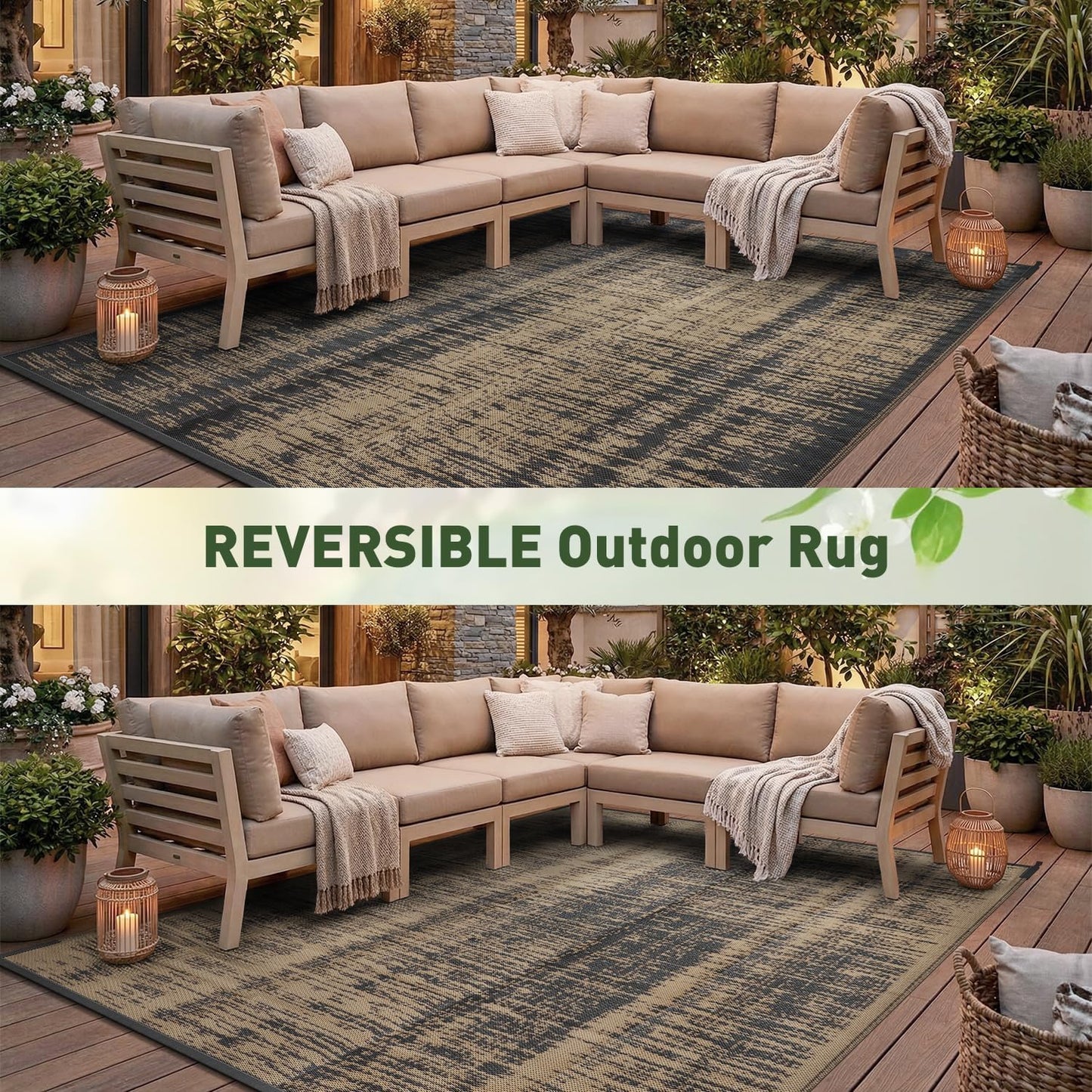 MontVoo Outdoor Rug Waterproof 5x8 ft Outdoor Carpet Patio Rug Mat Reversible RV Camping Rug Plastic Straw Outside Rug for Balcony Porch Deck Picnic Beach Modern Black Brown