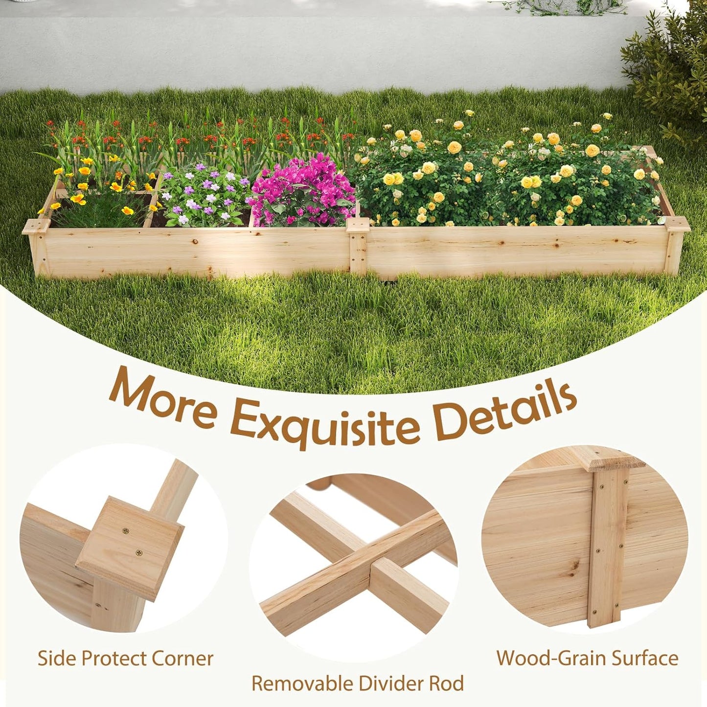 HAPPYGRILL Raised Garden Bed, Wooden Planter Raised Bed w/2 Garden Boxes, 7 Compartments, DIY Painting Available, Elevated Planter Box for Patio Garden Backyard Lawn Gardening, 90” x 25” x 10”