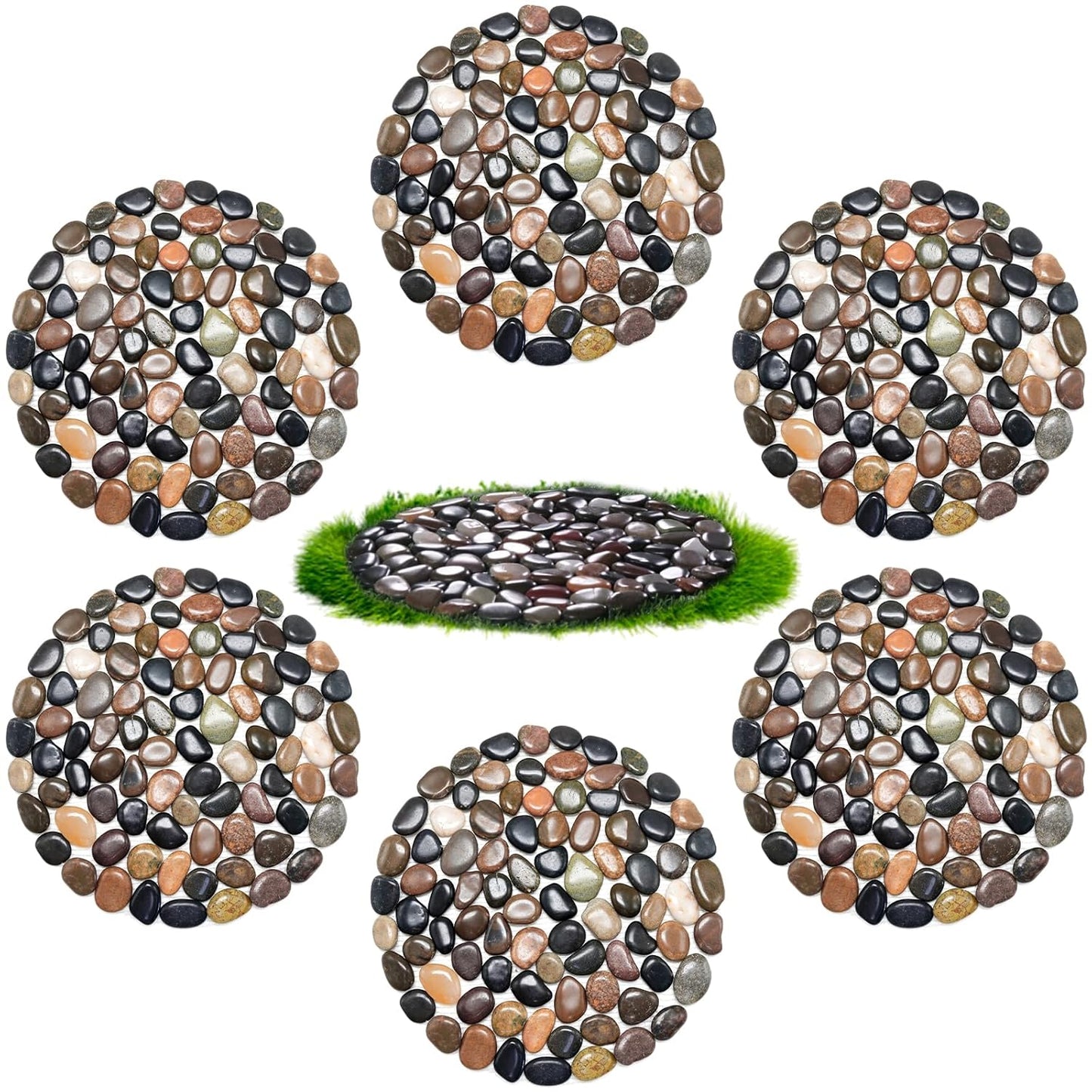 10in River Rock Stepping Stones Set - 6 Pack | Polished Pebble | Long-Lasting PVC Mesh Backing | Perfect for Garden Paths and Lawns Outdoor Landscaping Decoration | Mixed Circle