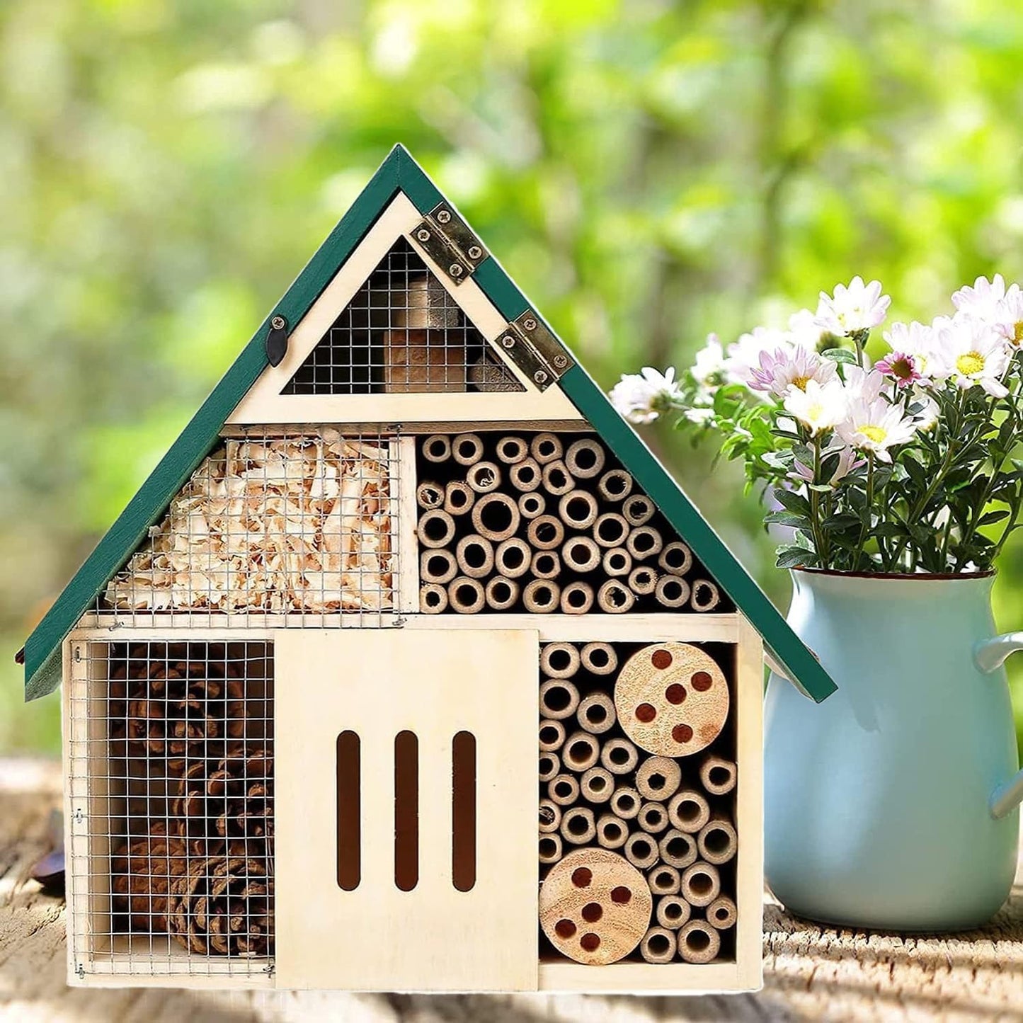 Bee House Hanging Insect Hotel – Natural Wooden Bee Hotel for Outdoors, DIY Insect Shelter for Garden, Yard, or Balcony – Attracts Pollinators Like Bees, Butterflies & Ladybugs
