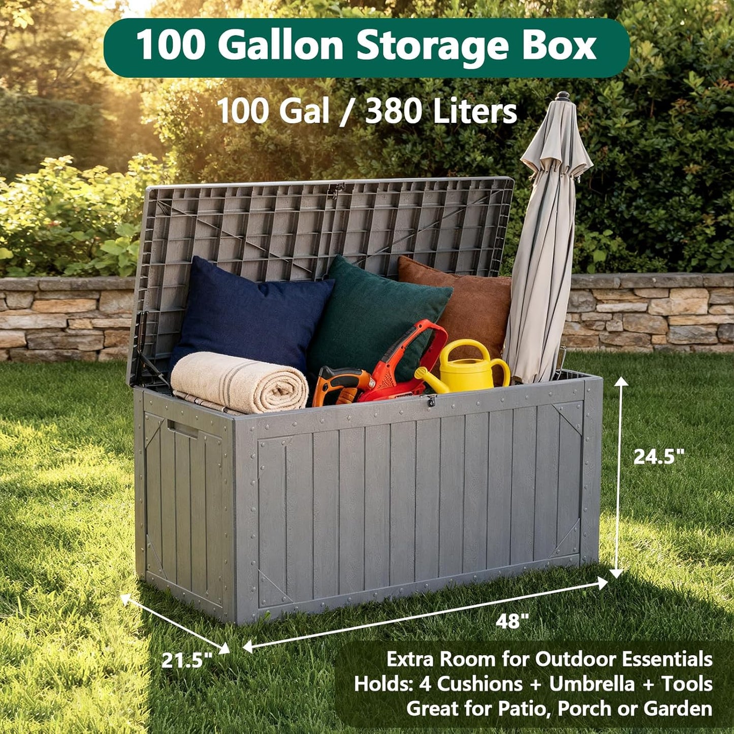 100 Gallon Outdoor Storage Box, Waterproof Resin Deck Box Organizer for Patio Cushion Storage, Lockable Outside Container for Garden Tools