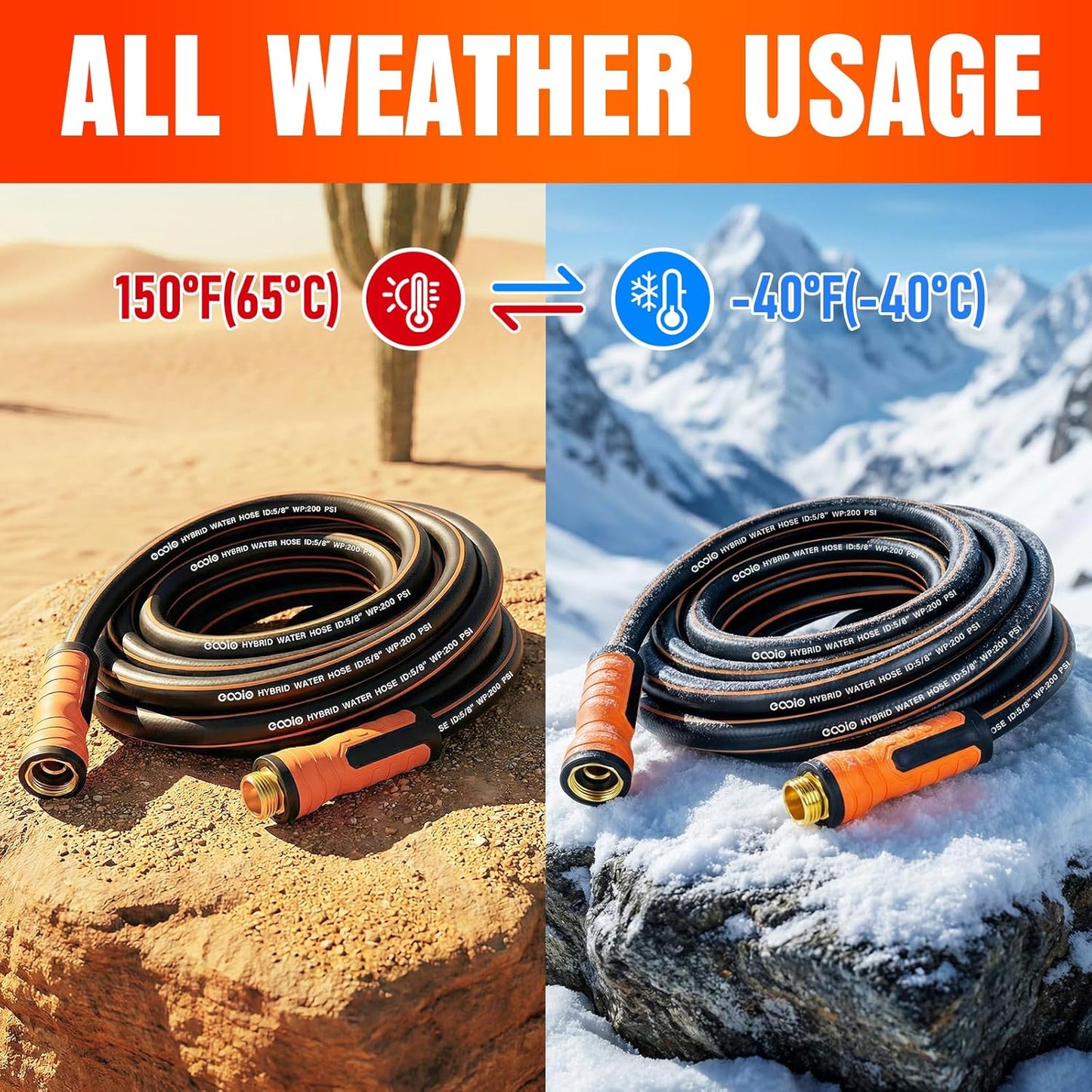 Garden Hose 100 ft x 5/8", Heavy Duty Water Hose, Flexible and Durable, Kink Resistant Lightweight Hybrid Hose, Leakproof Yard Hose with Male to Female Fittings