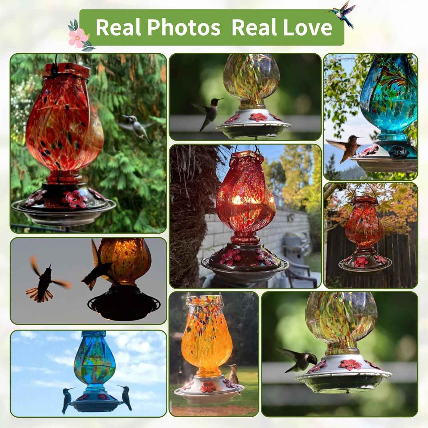BOLITE Hand Blown Glass Hummingbird Feeder 22oz – Ant Moat, Bee-Proof, 360° Perch