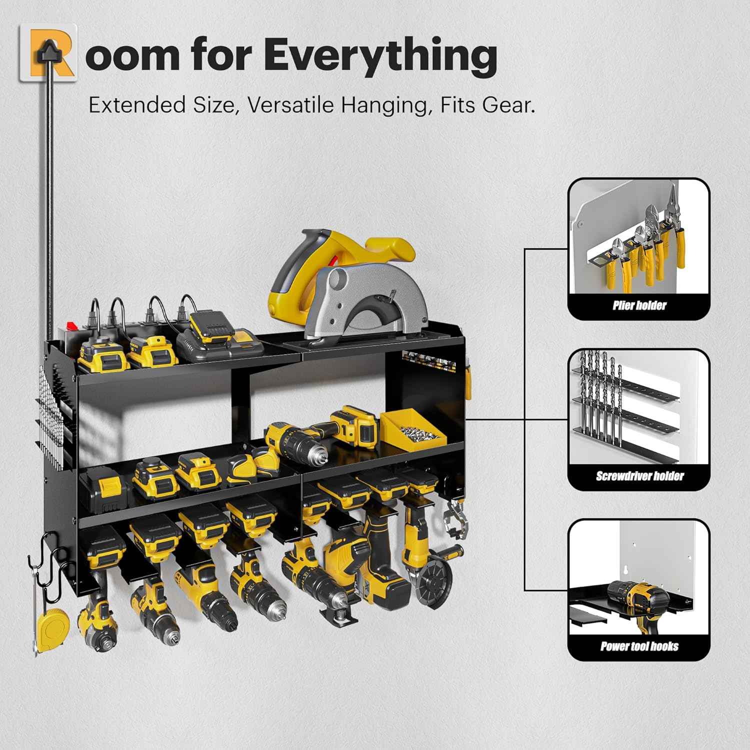 Spampur Power Tool Organizer Wall Mount with Charging Station, 15 Min Assembly & Maximum 420lb Load by Heavy Duty Metal, 8 Slots for Cordless Drill, Tool Battery Holder with 6 Outlet Power Strip