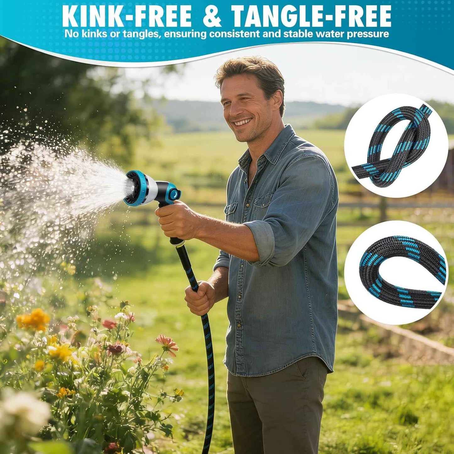 50FT Garden Hose, Non-Expandable Flexible Fabric Water Hose with 10-Function Spray Nozzle, Kink-Free & Lightweight Yard Hose with 3/4" Solid Brass Connectors for Lawn, Outdoor, RV & Marine Use