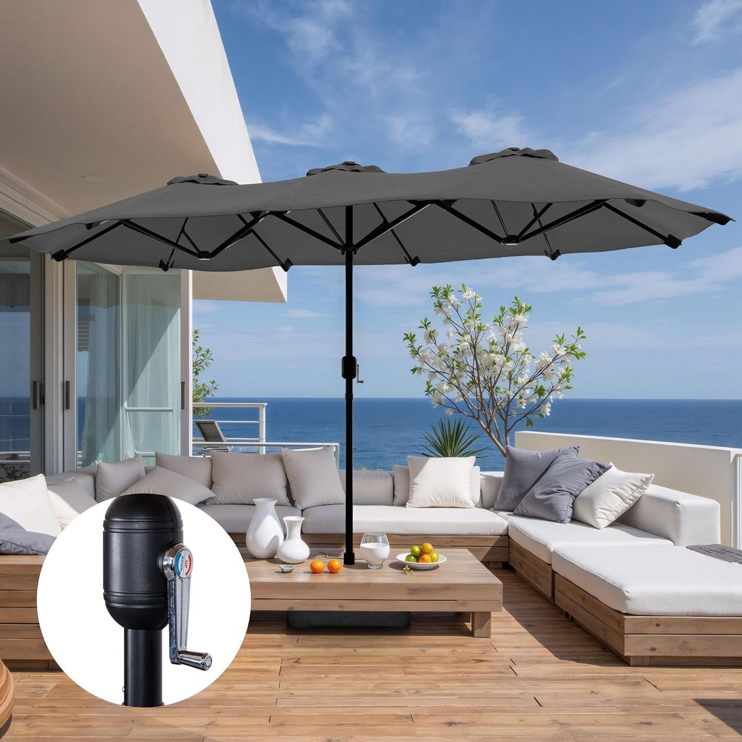 Shintenchi 16FT Large Patio Umbrella with Base, Outdoor Double-Sided Rectangular Umbrella, Market Umbrella with Crank Handle for Poolside Lawn Garden, Gray