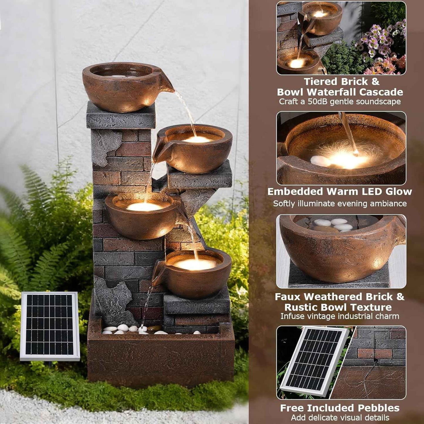33.5" Tall Solar Water Fountain Outdoor Garden, 4-Tiered Cascading Bowl Fountains with Lights, Solar Powered Waterfall for Garden, Patio, Backyard, Deck, Porch, Indoor Decor
