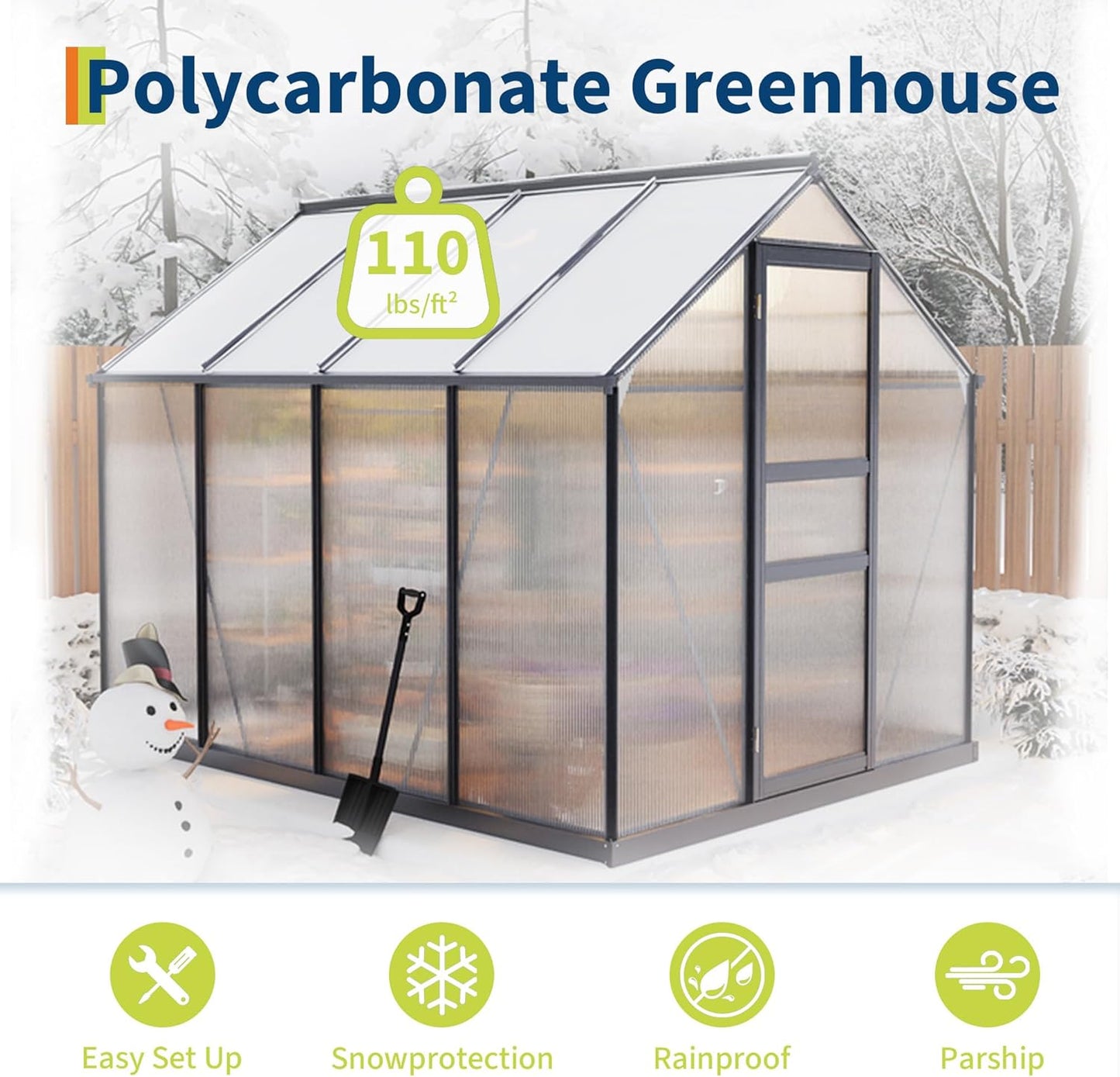 6×8FT Polycarbonate Greenhouse for Outdoors, Large Walk in Green House Kit and Winter Garden Planting, Enhanced Aluminum Green Houses for Outside to Protect Vegetables or Plants