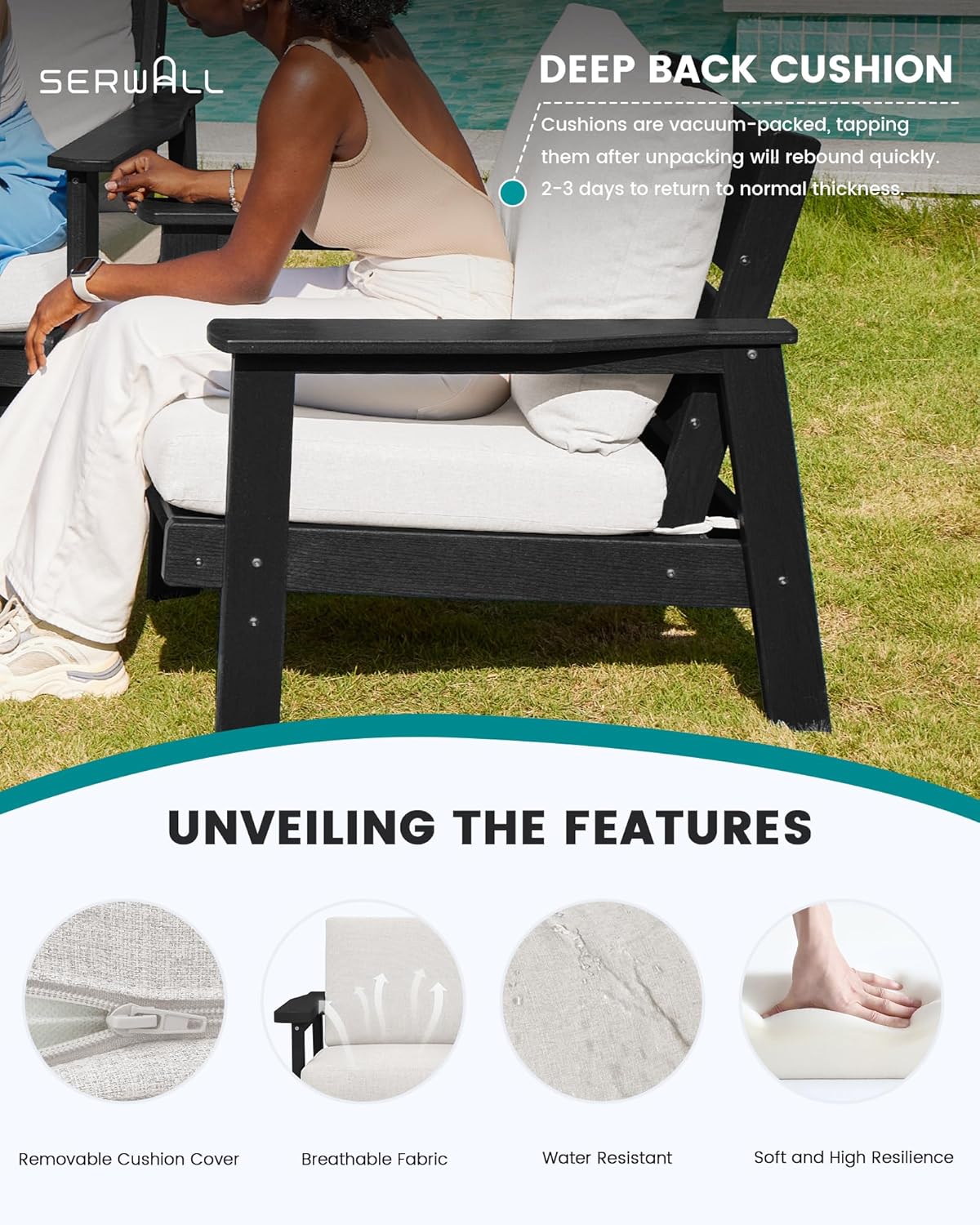 SERWALL HDPE Outdoor Patio Loveseat, Black Frame and Khaki Cushion