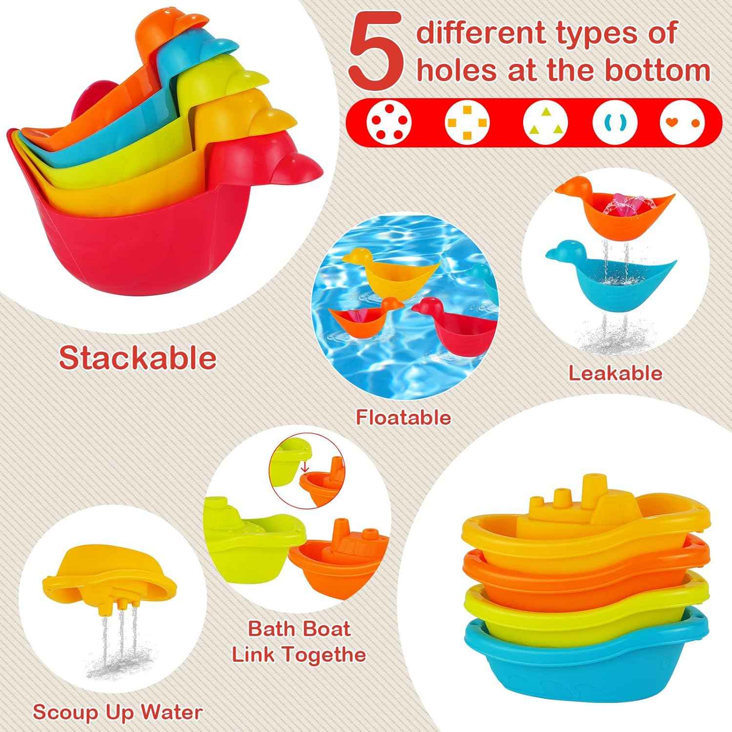 Baby Bath Toys for Kids,12 PCS Mold Free Bath Toys for Toddlers with Floating Boats,Watering Can,Floating Ducks & Bath Spoons, Bathtub Water Pool Toys for Babies and Toddlers