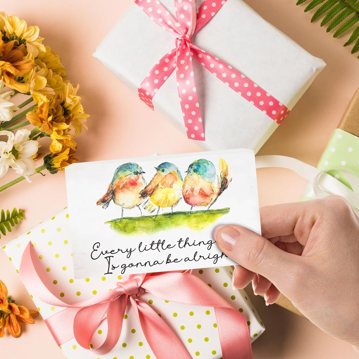 Rustic Pine Wood Block Sign - Every Little Thing Is Gonna Be Alright - Watercolor Birds, Positive Wooden Plaque For Desk Top, Shelf, Gift For Friends, Home & Office Decorations(4 X 6 Inches) - D10