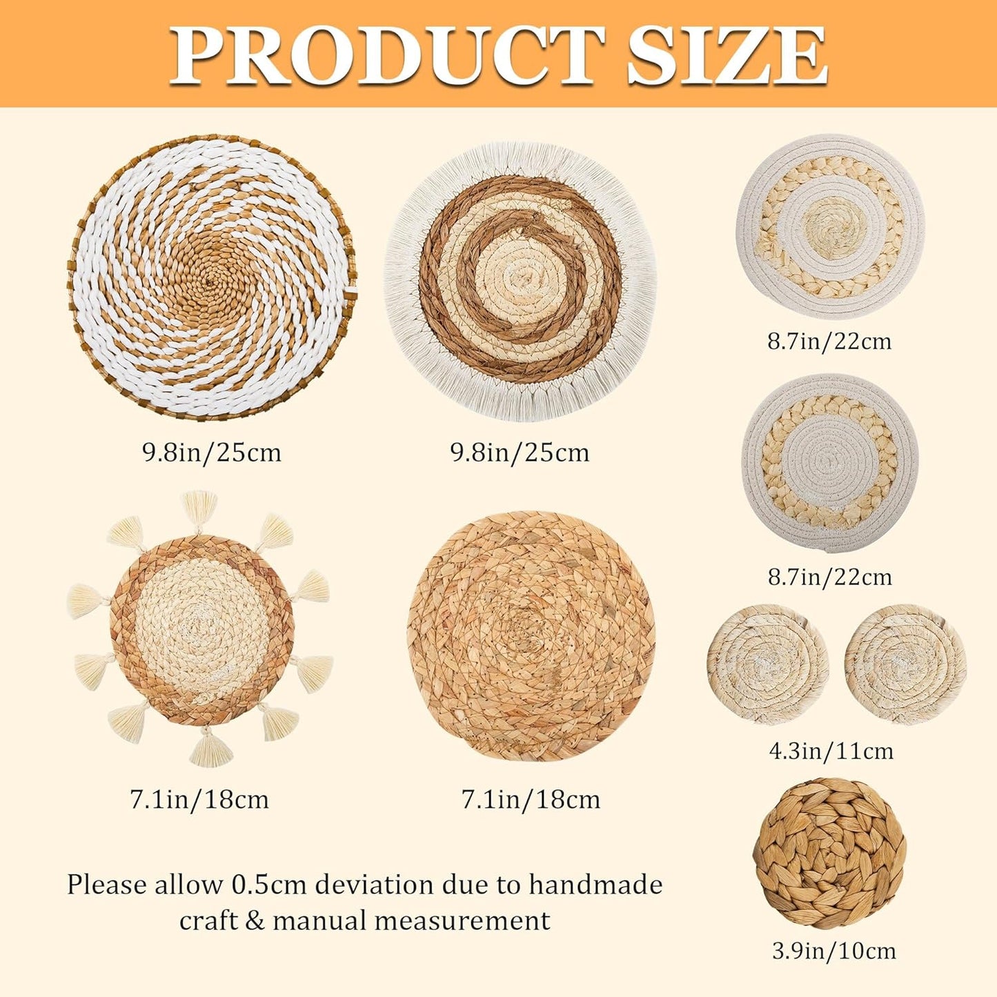 Boho Wall Basket Decor Set of 9, Woven Hanging Wall Decor Seagrass Rattan Wicker Round Handmade Rustic Flat Elegant Wall Art for Farmhouse Living Rooms Bedrooms Display Table Settings Kitchen Home