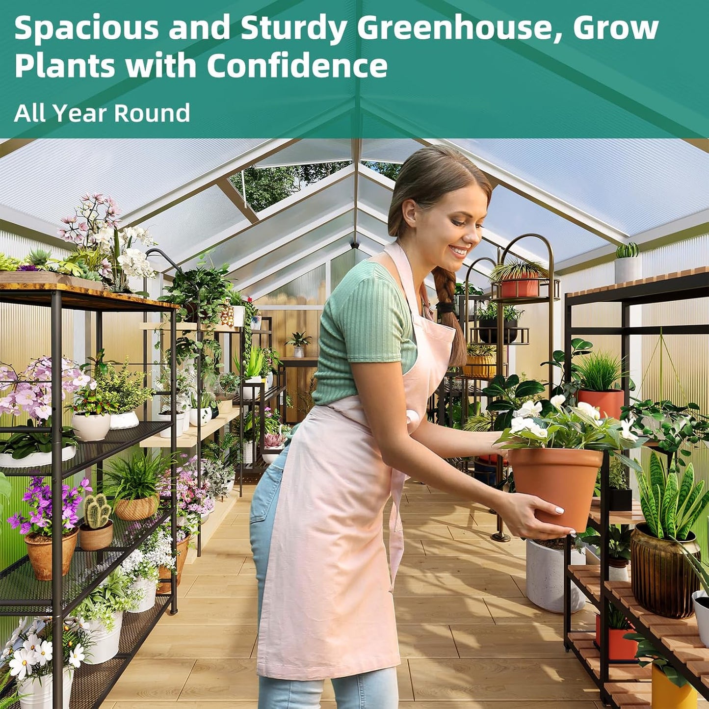 8x12 FT Greenhouse - Large Aluminum Greenhouses for Outdoors, Heavy Duty Polycarbonate Greenhouse with Roof Vent&Ground Nails, Walk-in Green Houses for Garden, Backyard, Patio, Easy Assembly