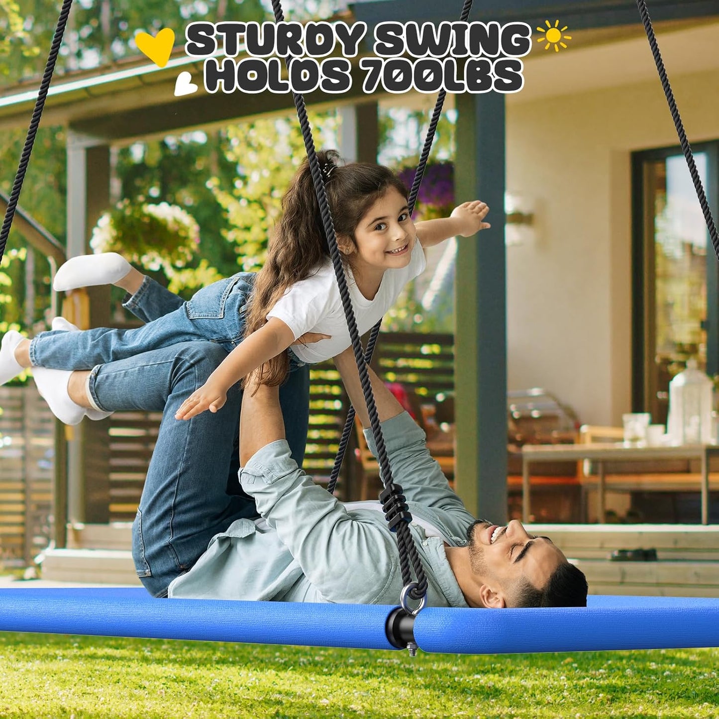 Trekassy 60" Extra Large Rectangle Tree Swing - Heavy Duty 700lb Capacity, Waterproof Platform for Kids & Adults with Complete Installation Kit & 2 Tree Straps - Blue (Patented)