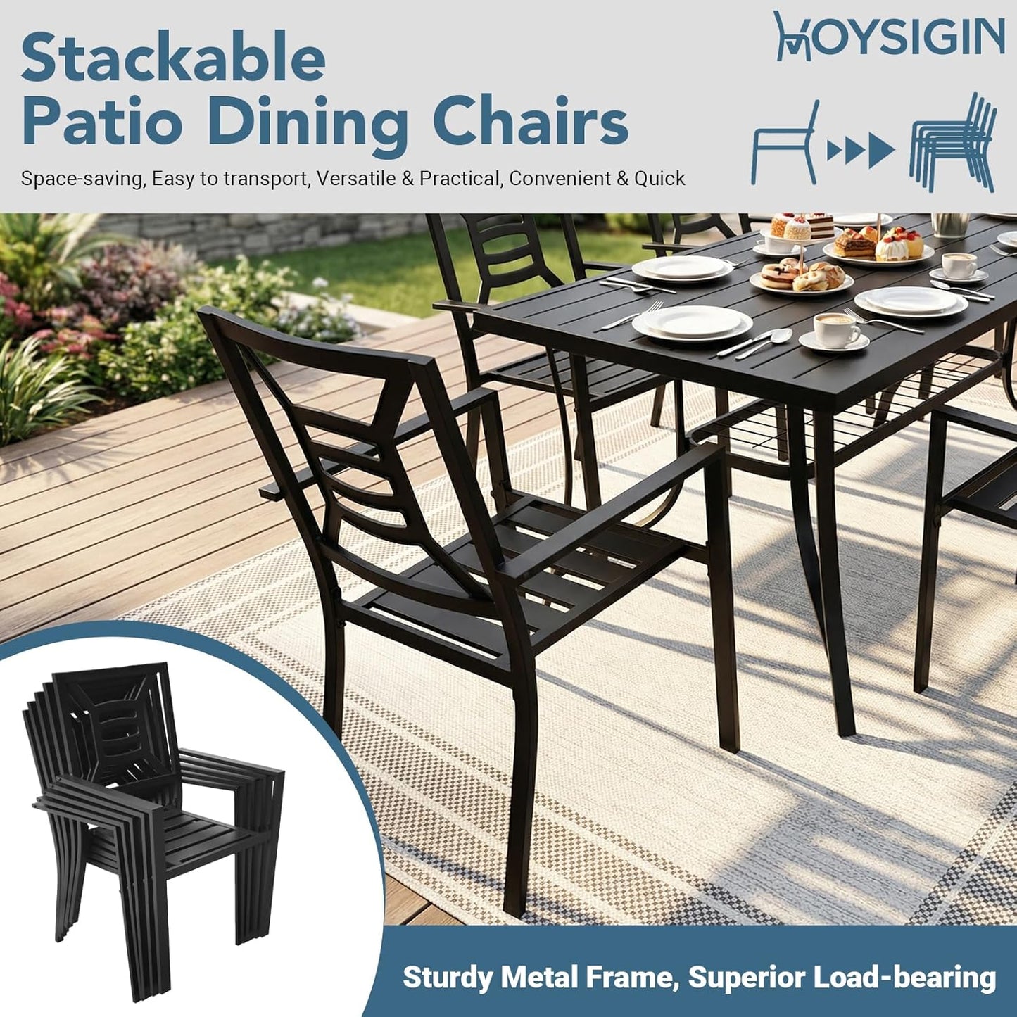 7 Piece Outdoor Patio Dining Sets, 60" Rectangular Metal Dining Table with Umbrella Hole & 6 Stackable Metal Chairs, Weather Resistant Garden Furniture Set for Backyard, Deck, Porch