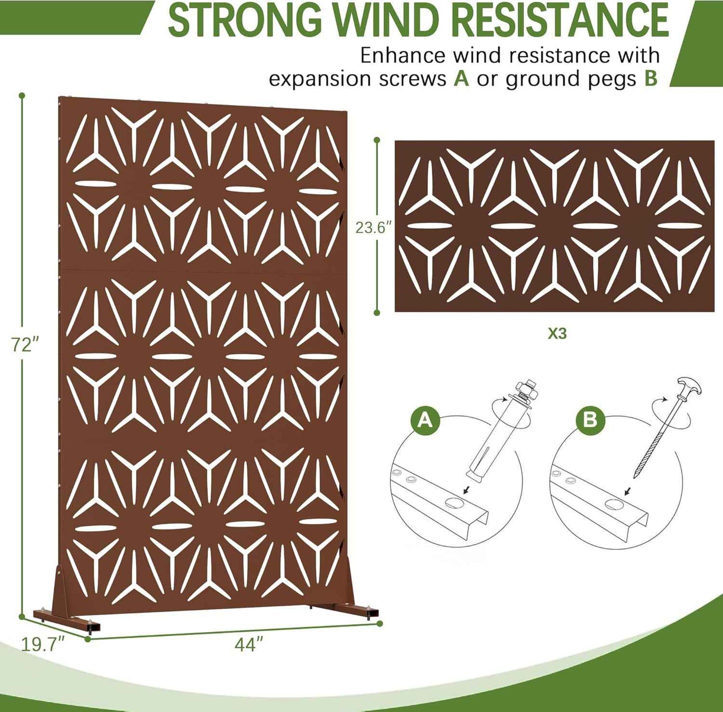 Cofar Metal Privacy Screen Outdoor 72" H×44" W -Brown Freestanding Outdoor Privacy Panels with Stand, Decorative Fence for Patio, Deck, Balcony（Floral）
