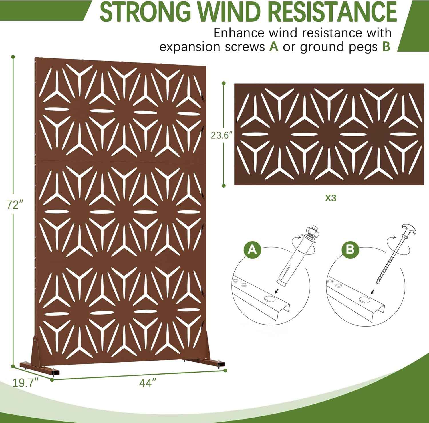 Cofar Metal Privacy Screen Outdoor 72" H×44" W -Brown Freestanding Outdoor Privacy Panels with Stand, Decorative Fence for Patio, Deck, Balcony（Floral）
