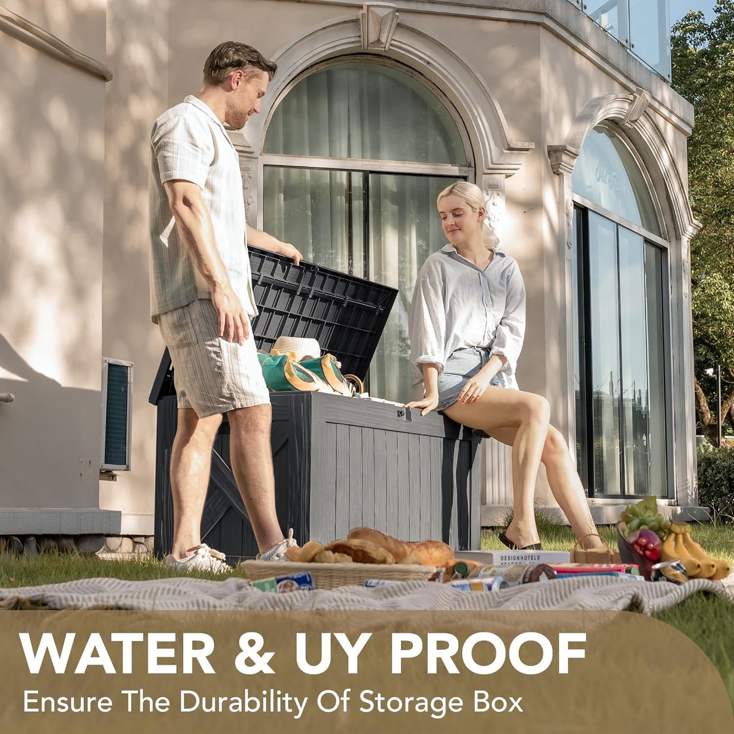 Devoko 120 Gallon Deck Box Resin Outdoor Storage Box Waterproof for Patio, Large Outdoor Storage Bench Lockable for Outside (Grey)