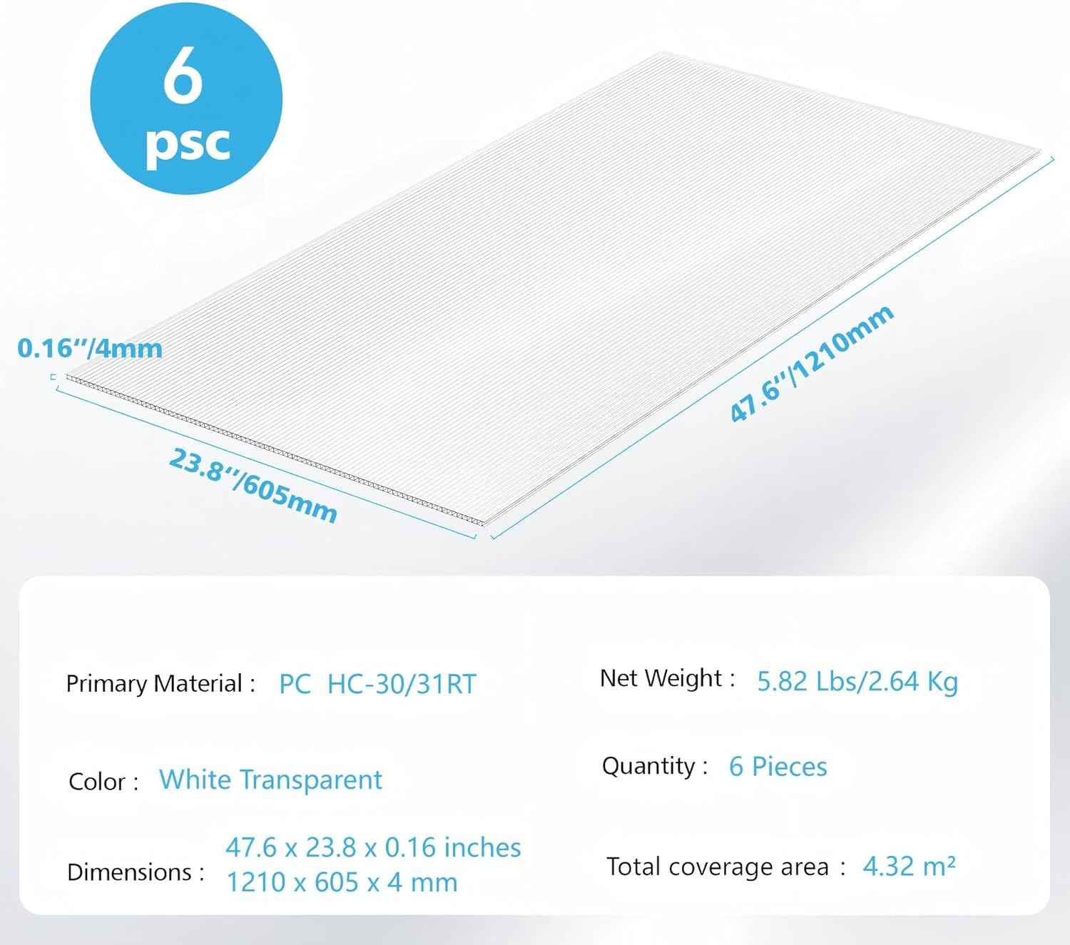 6 Pcs Polycarbonate Greenhouse Panels,4' x 2' x 0.16'' Twin-Wall Plastic roof Panels,Waterproof UV Protected Clear Corrugated Polycarbonate Sheet for All Weather Outdoor Garden Greenhouse Replacement