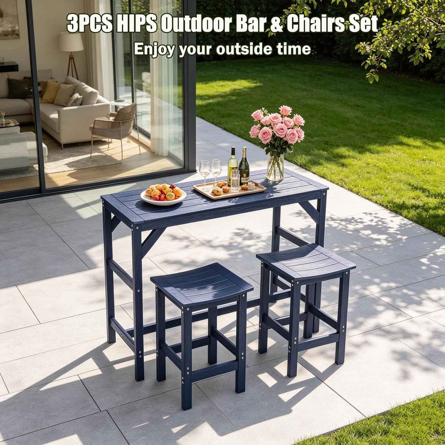 Outdoor Patio Bar Set,All Weather HIPS Table and Chairs Set,High Top Dining Table with 2 Bar Stools,Outside Rectangle Furniture for Balcony,Poolside,Backyard, Garden (Blue, 3 pcs)