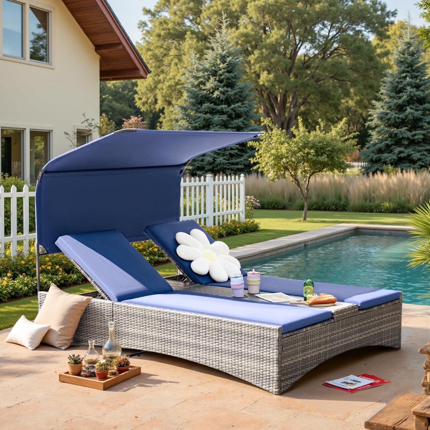 Flamaker Outdoor Double Chaise Lounge with Adjustable Canopy - 600LBS Capacity 2-Person Patio Daybed with Removable Cushions & Side Table, PE Rattan Sun Lounger for Pool, Garden, Backyard (Blue)