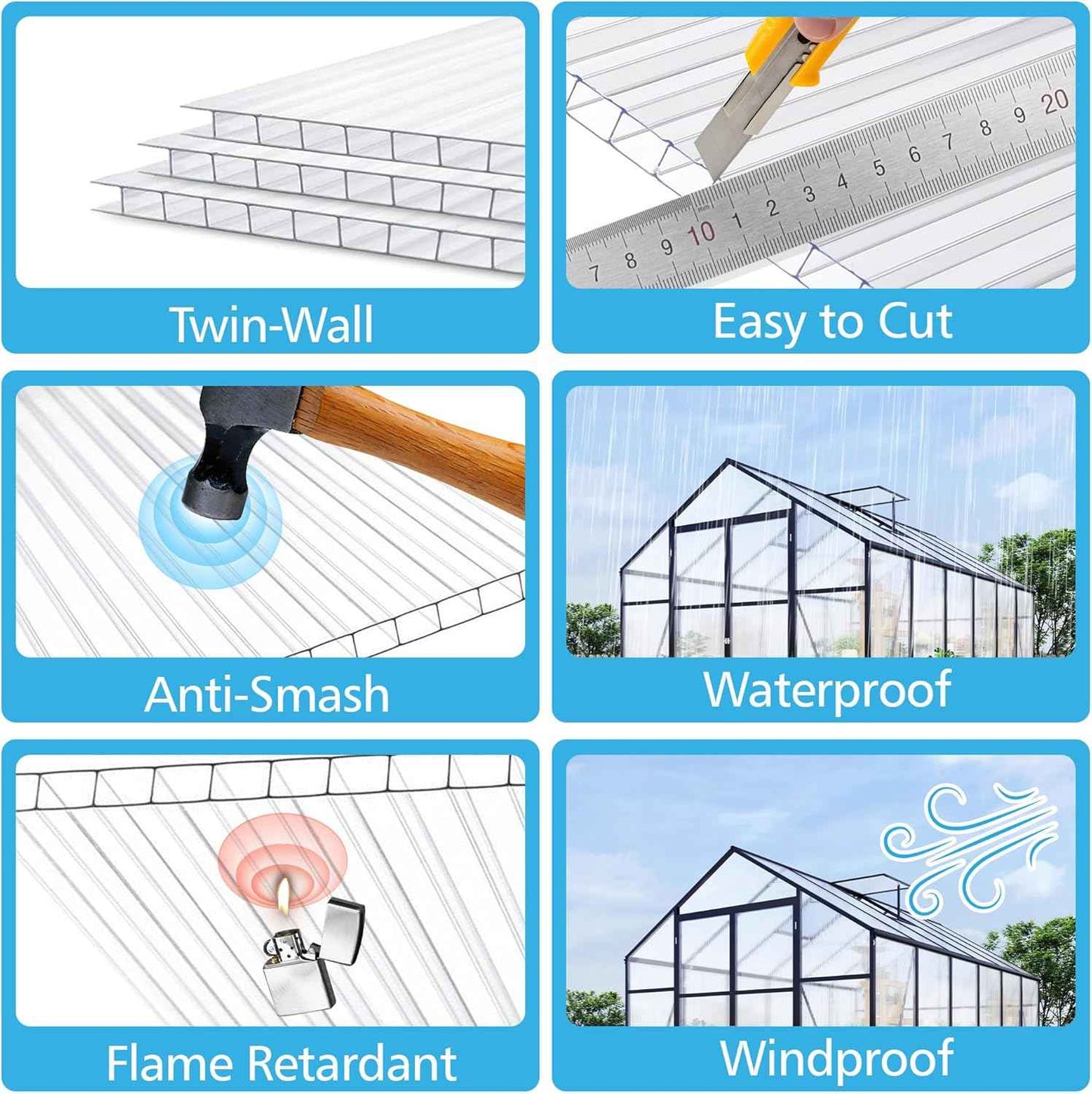 6 Pcs Polycarbonate Greenhouse Panels,4' x 2' x 0.16'' Twin-Wall Plastic roof Panels,Waterproof UV Protected Clear Corrugated Polycarbonate Sheet for All Weather Outdoor Garden Greenhouse Replacement