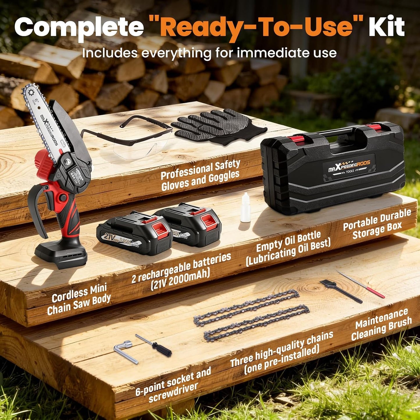 maXpeedingrods Mini Chainsaw Cordless, 6 inch Chainsaw Handheld Power Chain Saws with 2 Batteries, 3 x Durable Chains, Electric Chainsaw Lightweight Handheld Saw for Tree Trimming, Wood Cutting, Red