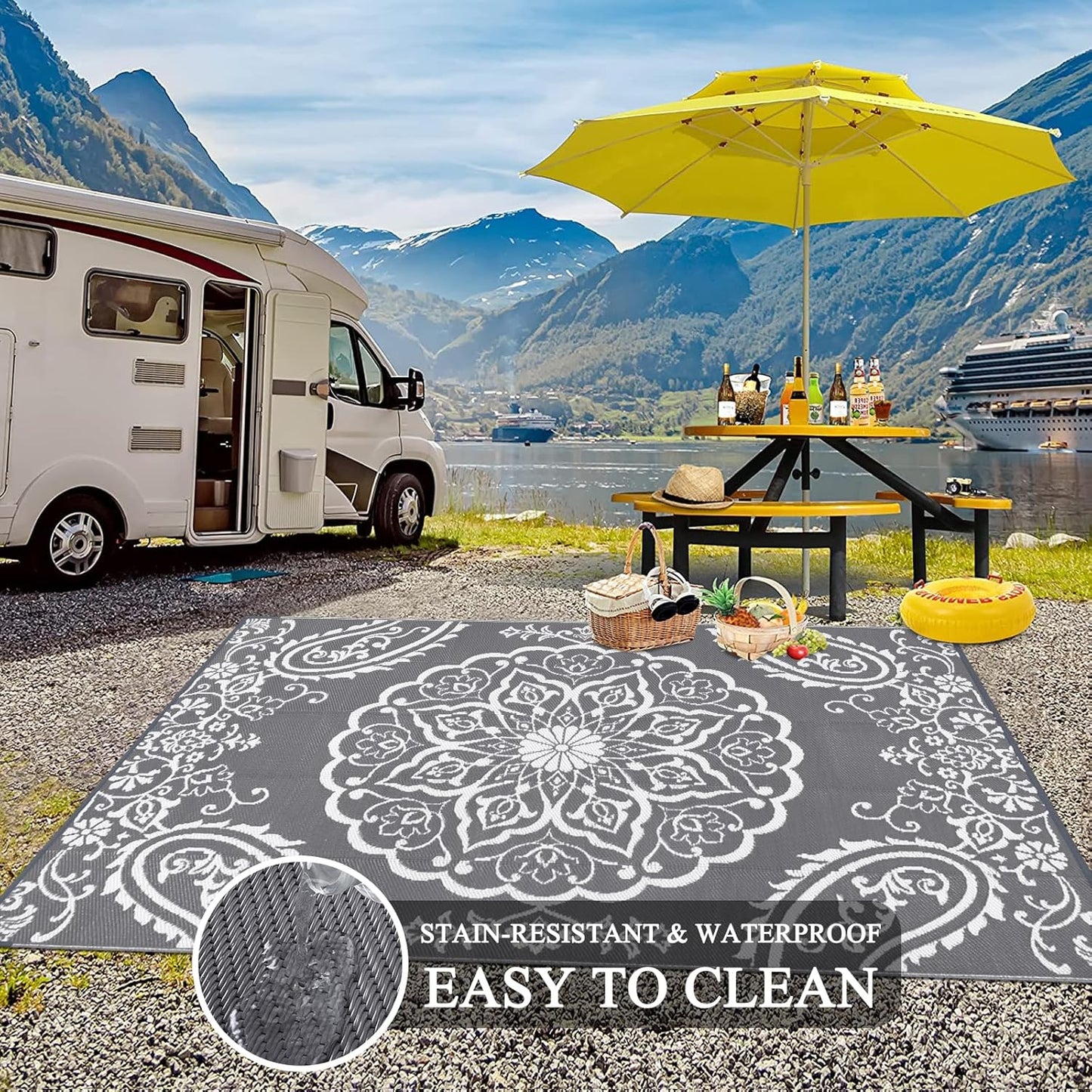Pauwer Waterproof Outdoor Rug 8x10, Reversible Plastic Straw Patio Camping Rug, Indoor Outdoor RV Mat Carpet for Deck, Camper, Porch, Balcony, Backyard, Picnic, Boho Grey