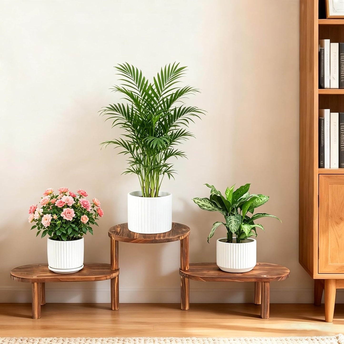 3 Tier Corner Plant Stand Indoor - Adjustable Wood Convex Flower Stand for Small Spaces, Heavy Duty Long Plant Shelf for Living Room Balcony Hallway