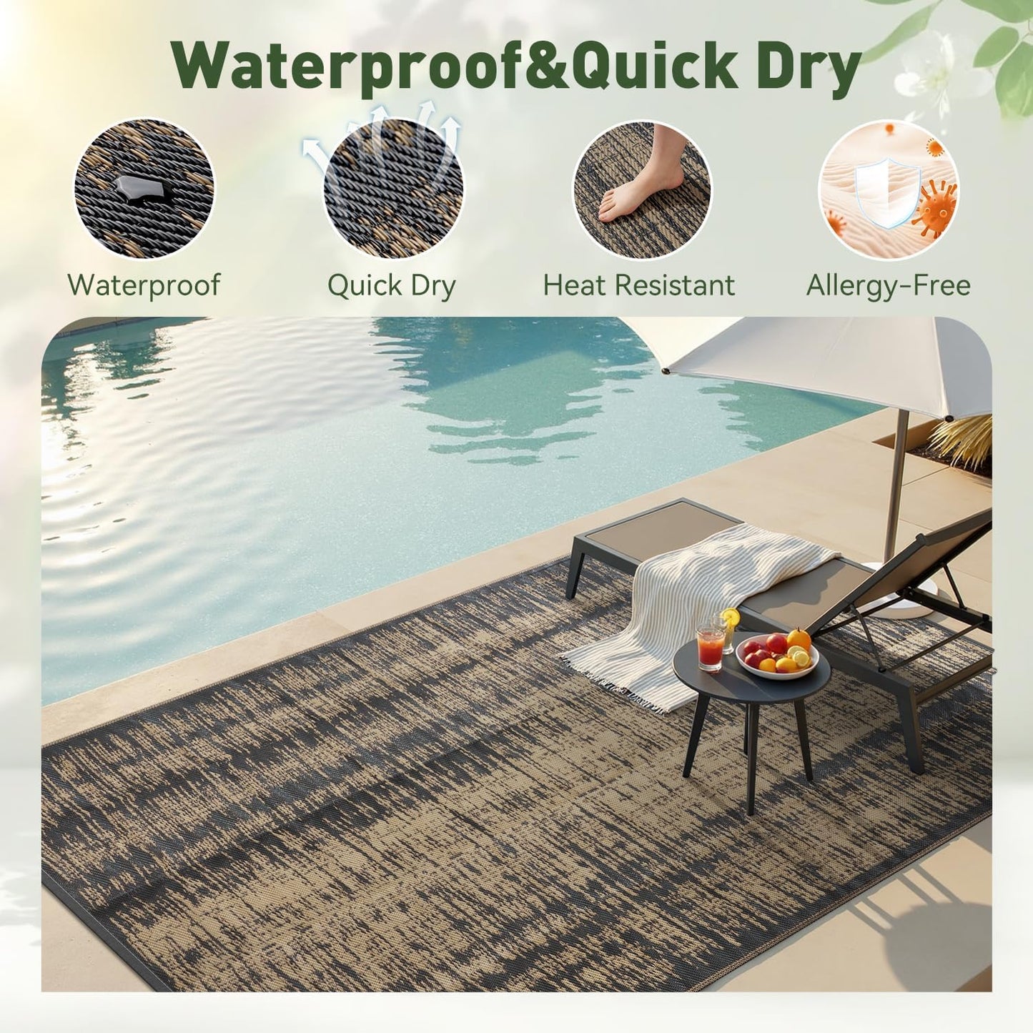 MontVoo Outdoor Rug Waterproof 5x8 ft Outdoor Carpet Patio Rug Mat Reversible RV Camping Rug Plastic Straw Outside Rug for Balcony Porch Deck Picnic Beach Modern Black Brown
