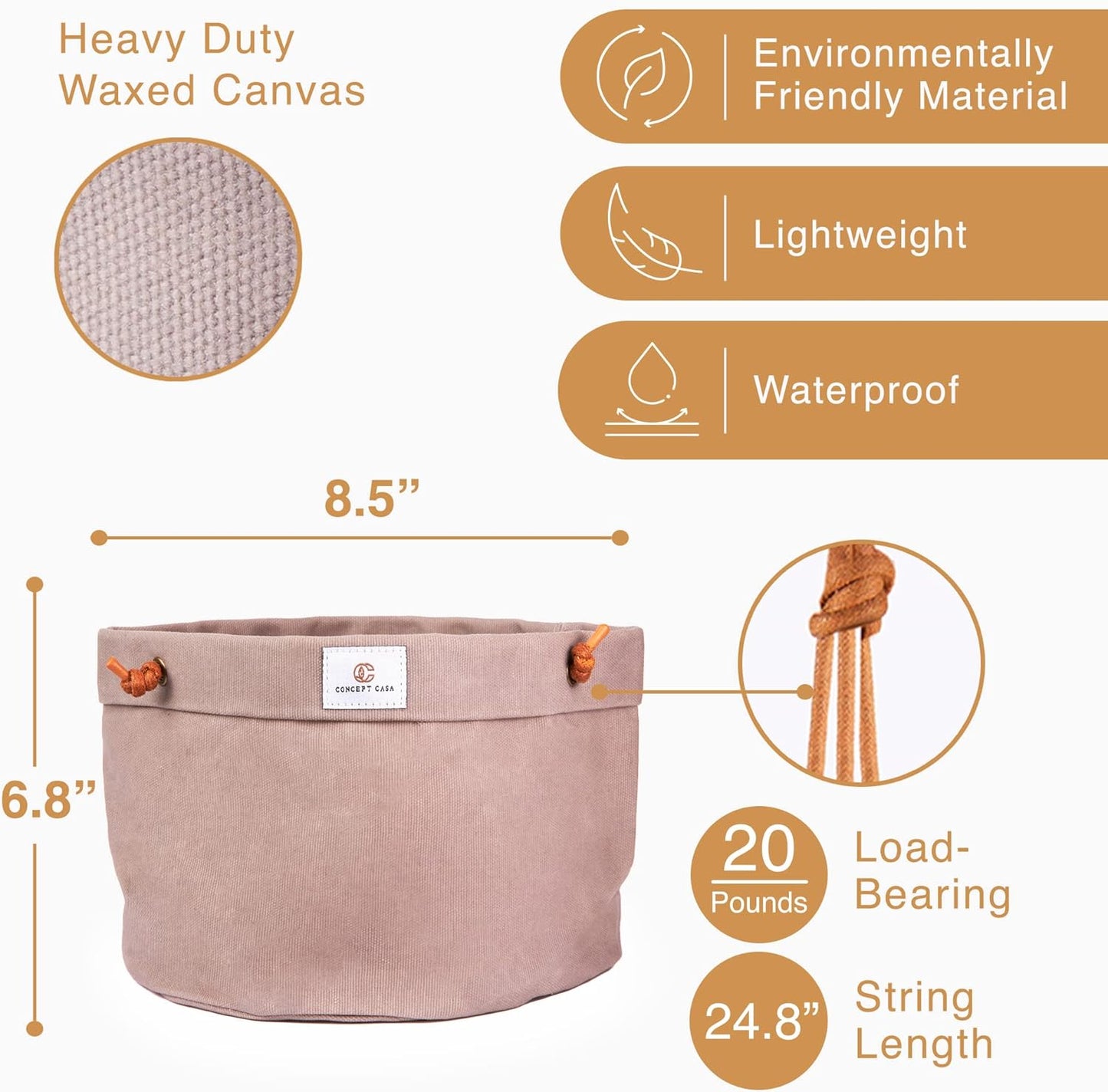 Large Waxed Canvas Handmade Hanging Planter for Indoor/Outdoor Plants, Hanging Basket Plant Holder Stone Gray with Hook