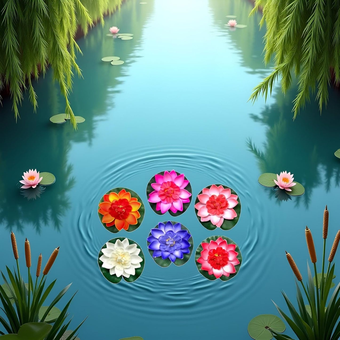 6 Pcs Large Floating Lotus Flowers Faux with Artificial Lily Pads, Artificial Floating Foam Lotus Flower with Water Lily Pad,Floating Artificial Lotus Flowers Decor Pond Home Decoration