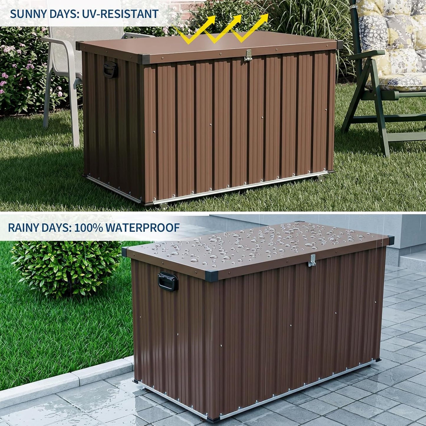 160 Gallon Deck Box Outdoor Storage, Metal Patio Storage Box with Lockable Lid, Hydraulic Rod, Wheels & Side Handles, Waterproof UV-Resistant, Brown, 53.1" x 27.8" x 29.9"