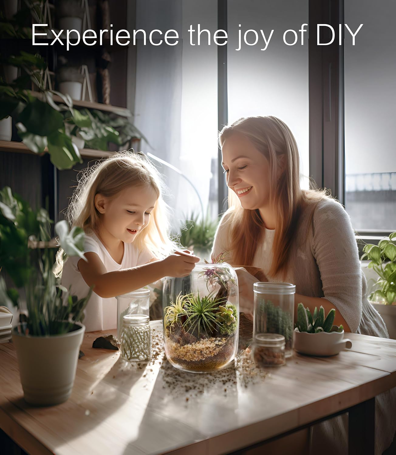 Terrarium Kit/Supplies Terrarium Plants Set with Grow Light, for Succulents Miniature Gardening, Include Terrarium jar Tool Set Live Moss Rocks Soil Driftwood and Decor, for Plant Lovers