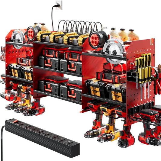 Upgrade Large Power Tool Organizer Wall Mount with Charging Station Tool Storage Rack with 6.5FT Power Strip 10 Drill Holder and Storage Rack for Garage Organization