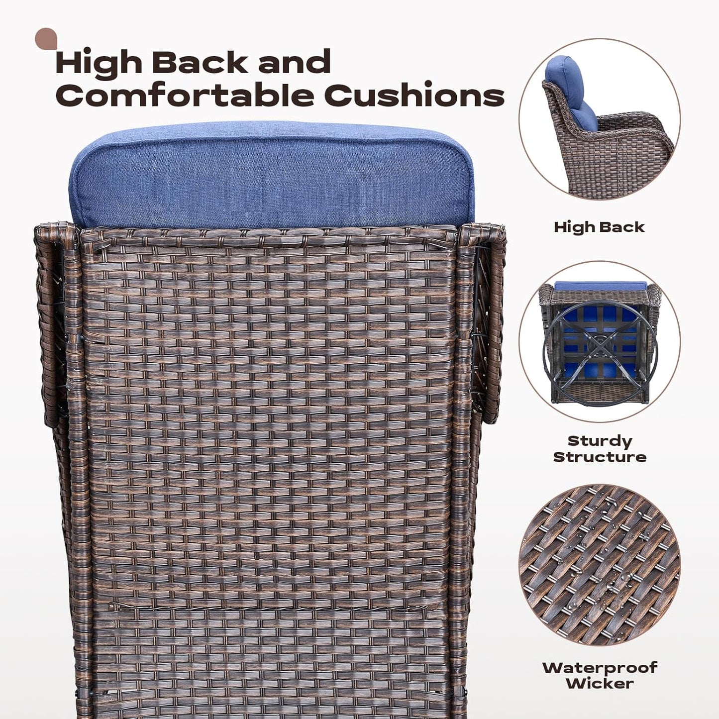 Wicker Outdoor Patio Furniture Set - 7 Piece Patio Conversation Sets with Swivel Rocker Chairs, Ottomans and Sofa, 6 inch Cushions, Waterproof Wicker, for Porch Deck Brown/Blue