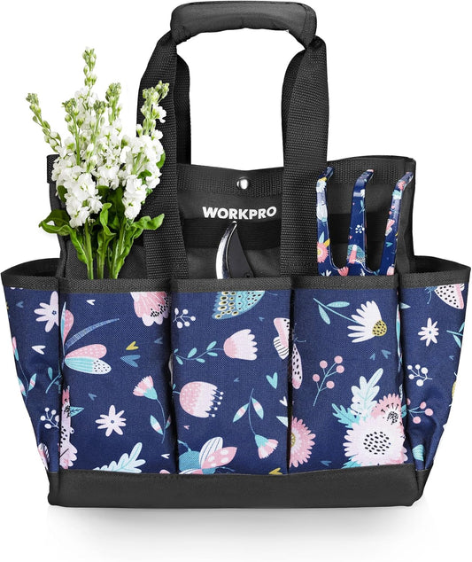 WORKPRO Garden Tool Bag, 9-Pocket Heavy Duty Oxford Tote Bag, Gardening Tool Kit Holder, 12" x 12" x 6" (Blue Insects)