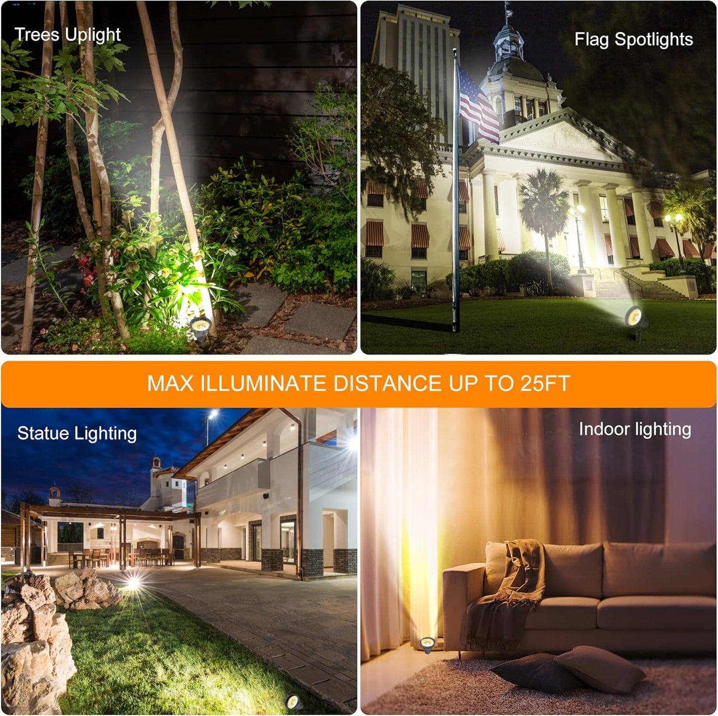 SUNLONG Solar Powered Spot Lights Outdoor Waterproof 2 in 1 Bright Solar SpotLights Power Adjustable for Flag Yard Flagpole Landscape Dusk to Dawn 2 x Spots Warm White