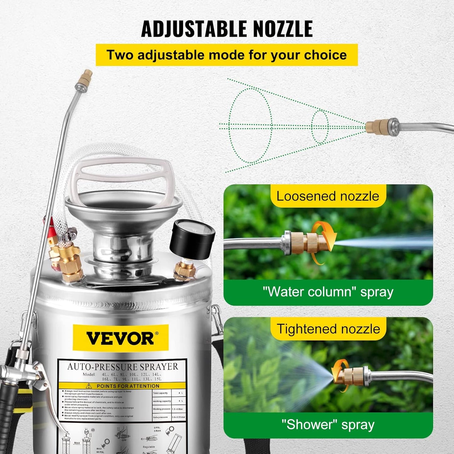 Happybuy 1 Gallon Stainless Steel Pump Sprayer, 12" Wand & 3FT Reinforced Hose, Pressure Gauge, Safety Valve & Adjustable Nozzle, Garden Weed Sprayer for Lawn, Gardening, Sanitizing