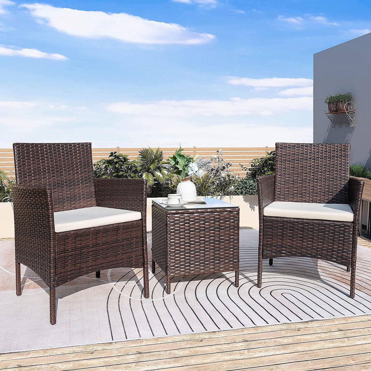 Rankok Patio Chairs Set of 2 Outdoor Front Porch Furniture Bistro Set 3 Piece Wicker Patio Chairs Balcony Furniture for Backyard Patio Balcony Lawn Pool (Brown)