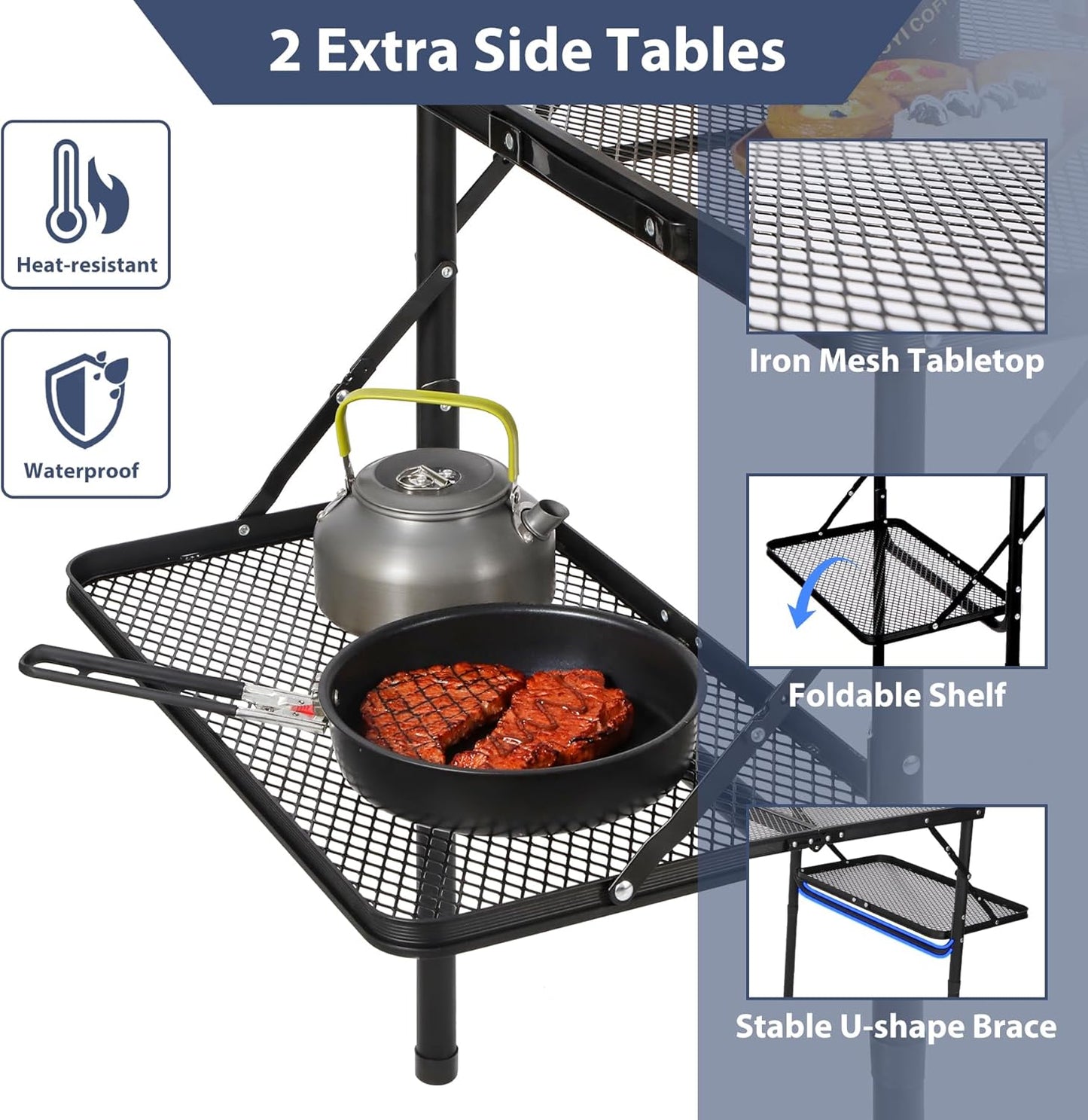 REDCAMP 36x24 Folding Grill Table for Outside with 2 Side Tables, Lightweight Portable Metal Aluminum Outdoor Grill Table with Adjustable Height Legs, Great for Camping Picnic Cooking BBQ, Black 3ft