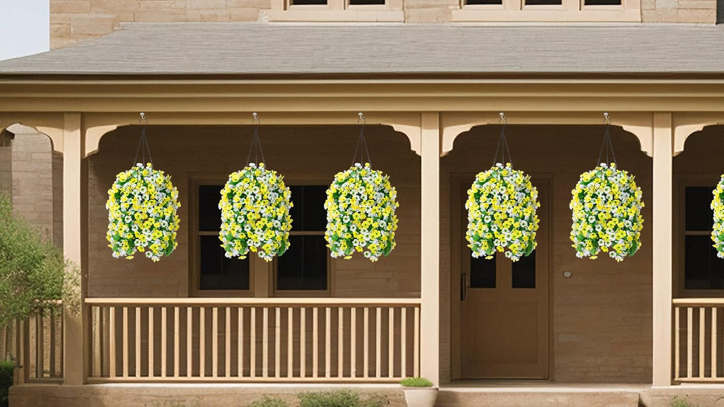 Ammyoo Artificial Hanging Flowers in 12 inch Basket, Fake Plant Silk Orchid Flower Arrangement with Coconut Lining Pot Planter for Patio Garden Porch Deck Spring Summer Decor(Yellow White)