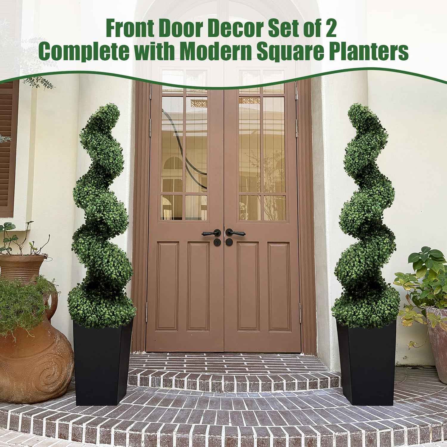 Mavis's Diary 5FT Artificial Spiral Topiary Trees, Set of 2 UV Resistant Faux Boxwood Plants in Square Planter, Indoor Outdoor Fake Shrubs for Front Porch, Entryway, Patio, Home Decor