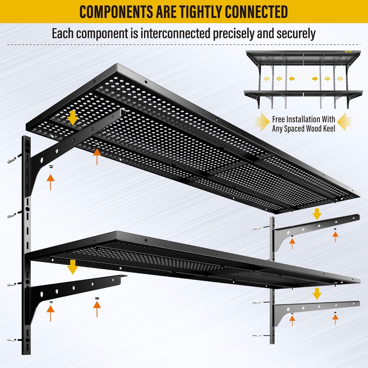 2-Pack 2 Tier 1.3x4ft Garage Shelving Wall Mounted, 800 lbs Load Capacity，15.6x48inch per Shelf Height Cassette Adjustable Floating Shelves(Black)